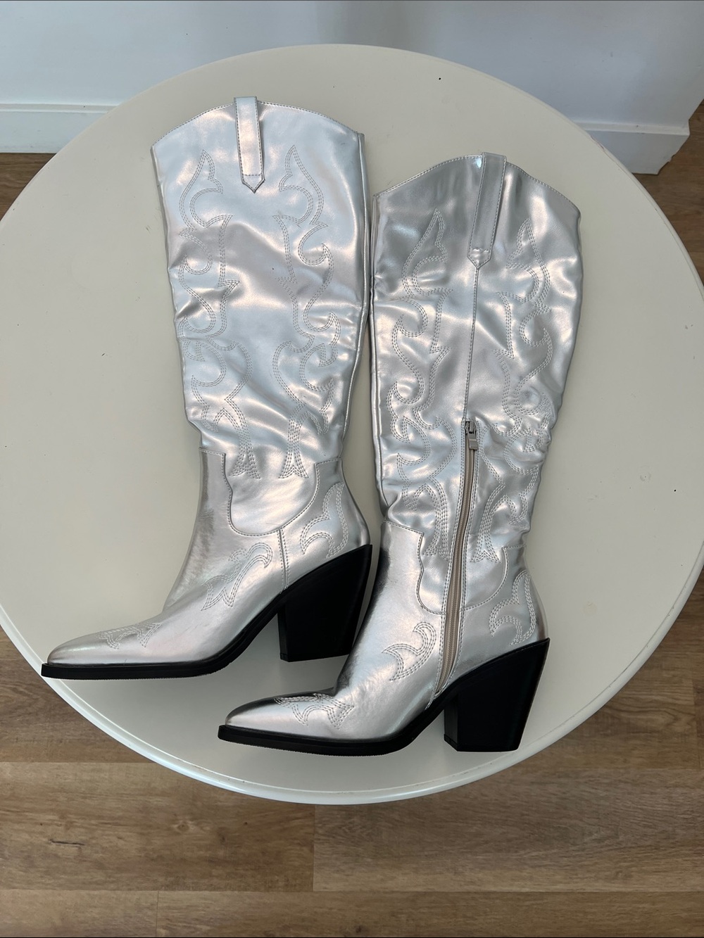 Metallic Silver Western Knee-High Boots